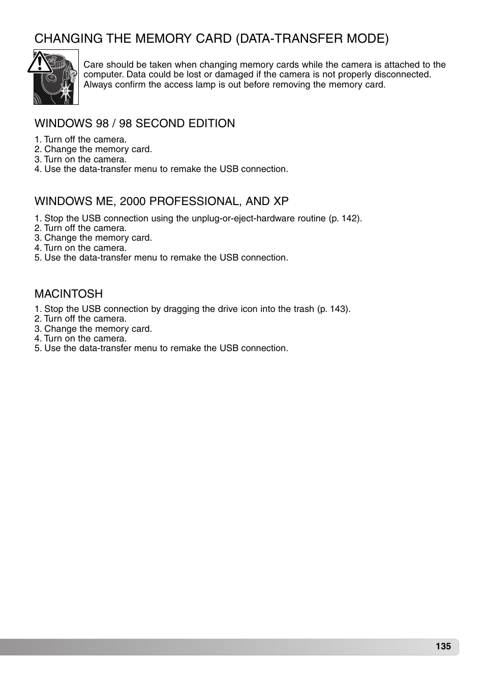 Changing the memory card (data-transfer mode) | Konica Minolta MM-A208 User Manual | Page 135 / 156