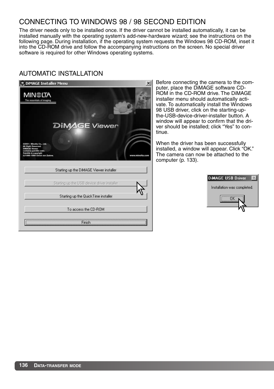 Connecting to windows 98 / 98 second edition, Automatic installation | Konica Minolta MM-A208 User Manual | Page 136 / 156