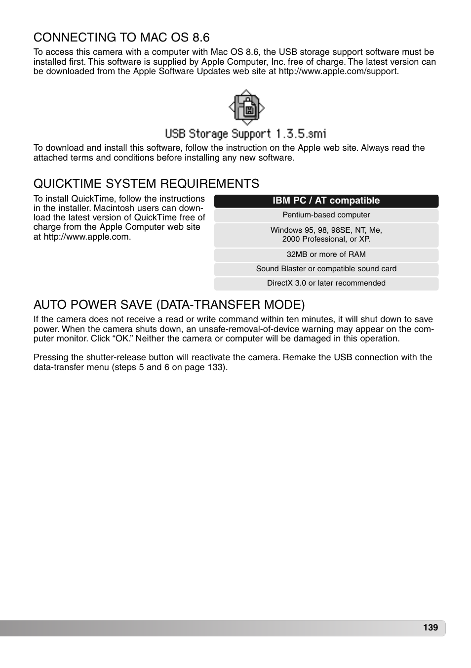 Connecting to mac os 8.6, Auto power save (data-transfer mode), Quicktime system requirements | Konica Minolta MM-A208 User Manual | Page 139 / 156
