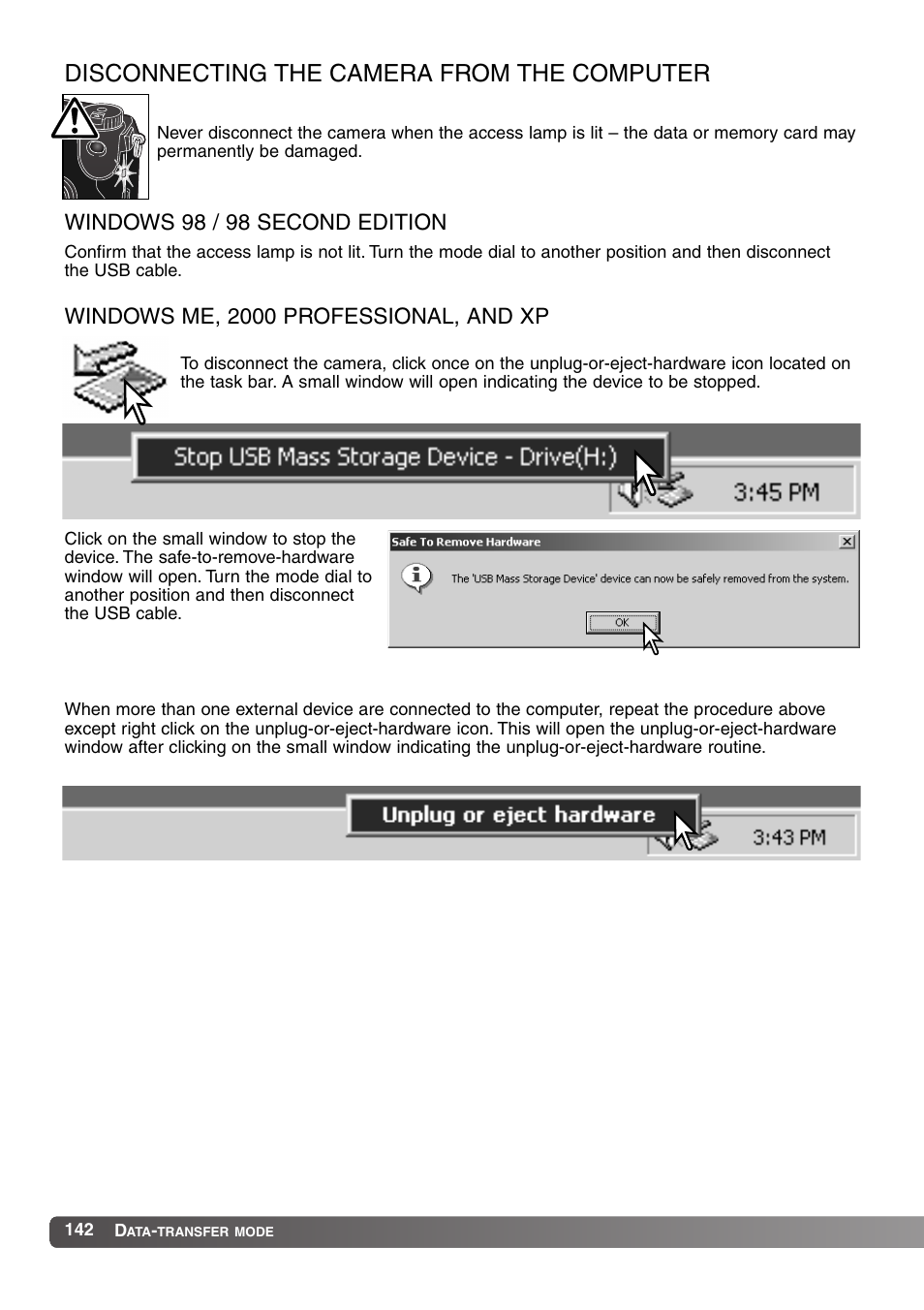 Disconnecting the camera from the computer, Windows me, 2000 professional, and xp, Windows 98 / 98 second edition | Konica Minolta MM-A208 User Manual | Page 142 / 156