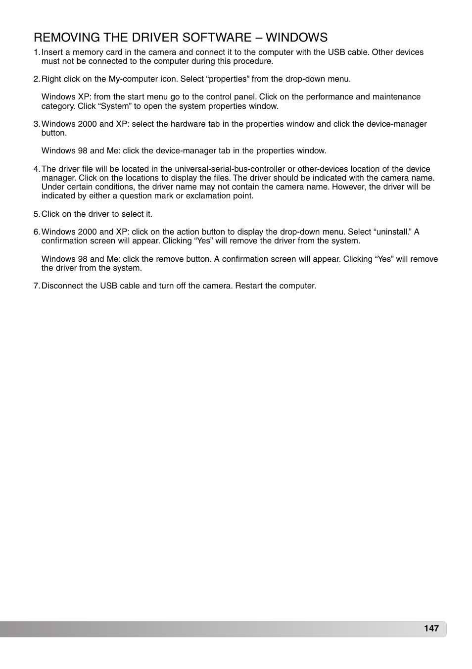 Removing the driver software – windows | Konica Minolta MM-A208 User Manual | Page 147 / 156