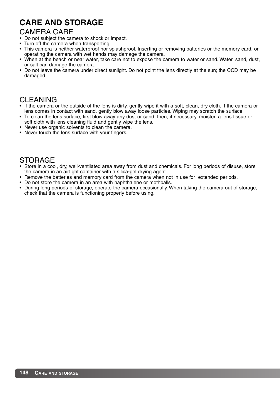 Care and storage, Camera care cleaning storage, Cleaning | Camera care, Storage | Konica Minolta MM-A208 User Manual | Page 148 / 156
