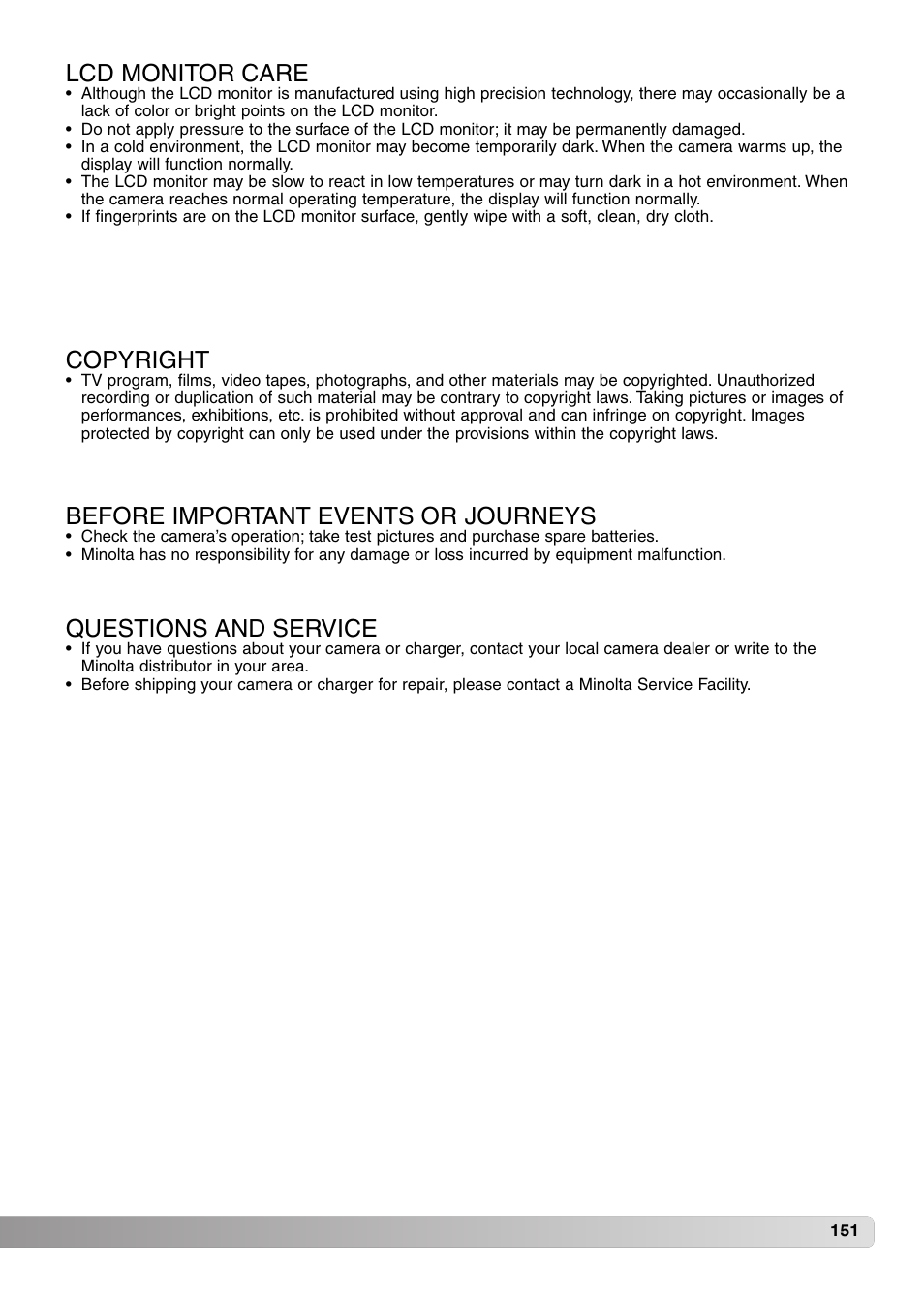 Lcd monitor care, Before important events or journeys, Copyright | Questions and service | Konica Minolta MM-A208 User Manual | Page 151 / 156