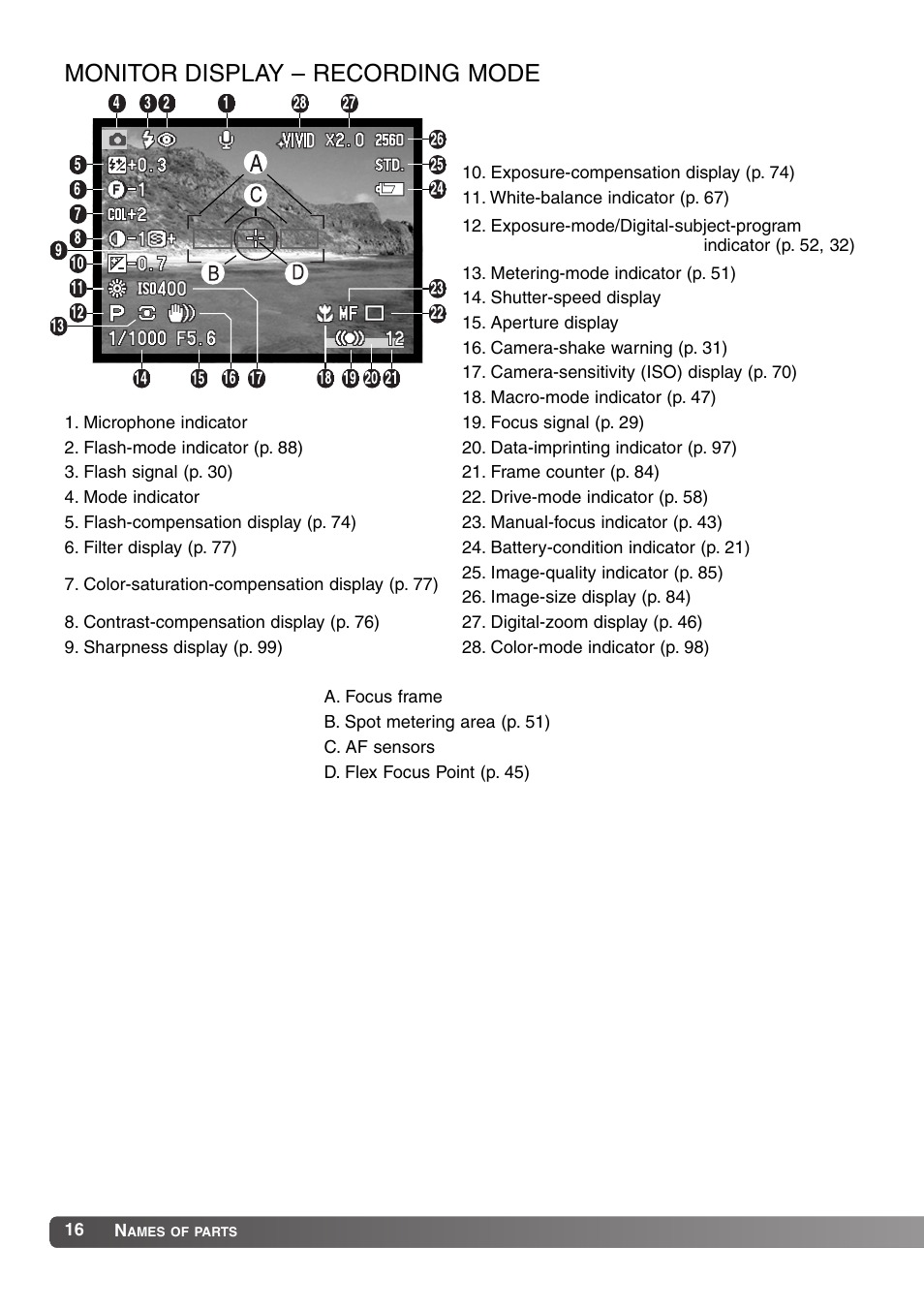 Monitor display – recording mode | Konica Minolta MM-A208 User Manual | Page 16 / 156