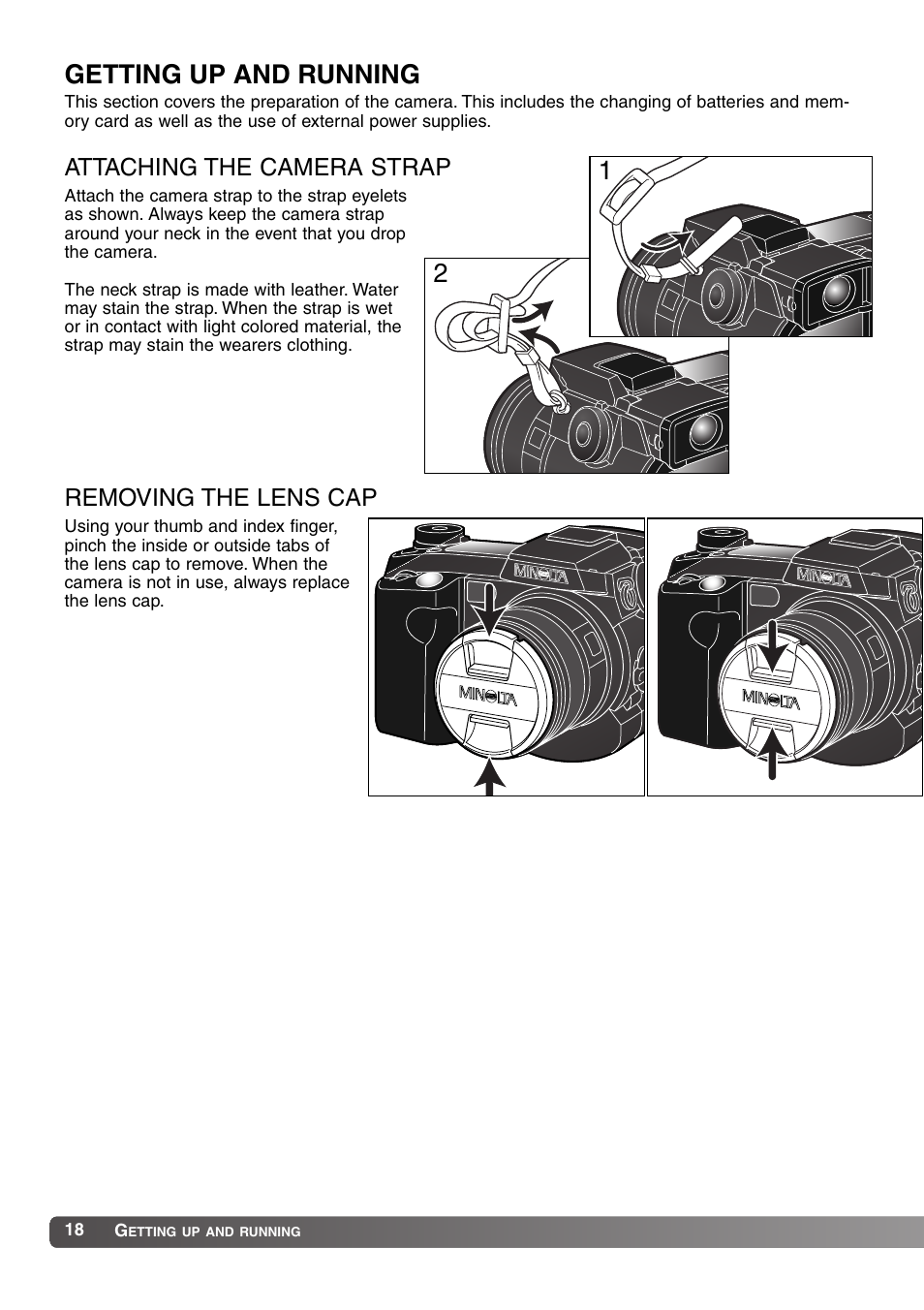 Getting up and running, Attaching the camera strap removing the lens cap | Konica Minolta MM-A208 User Manual | Page 18 / 156