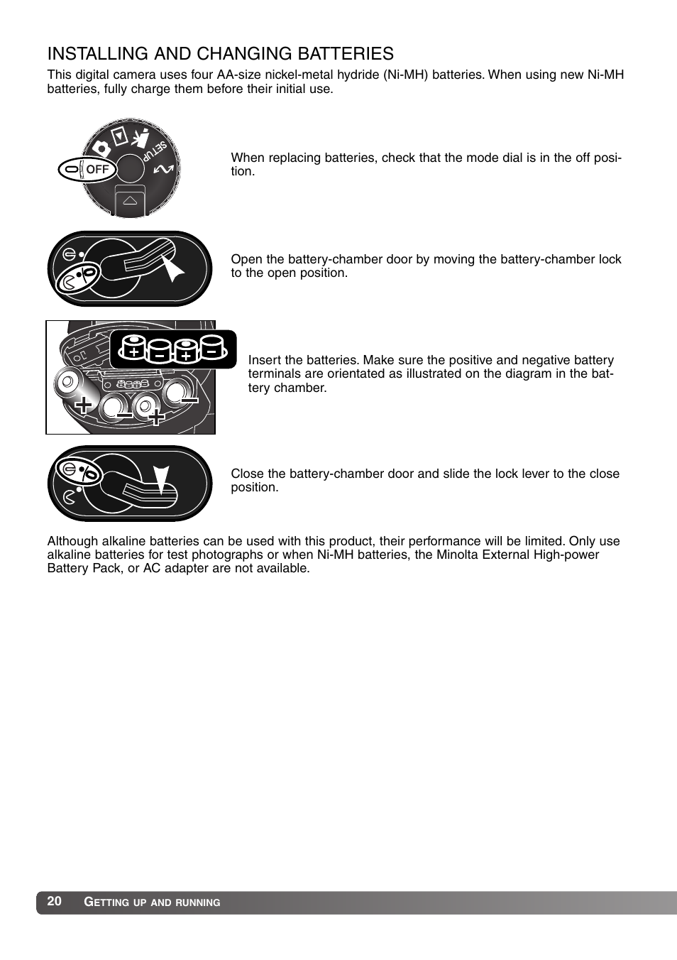 Installing and changing batteries | Konica Minolta MM-A208 User Manual | Page 20 / 156