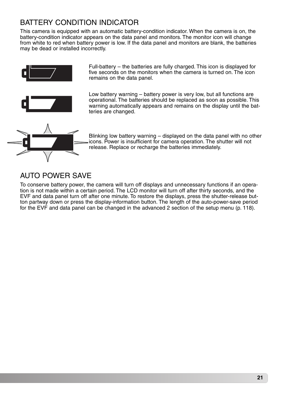 Battery condition indicator auto power save, Battery condition indicator, Auto power save | Konica Minolta MM-A208 User Manual | Page 21 / 156