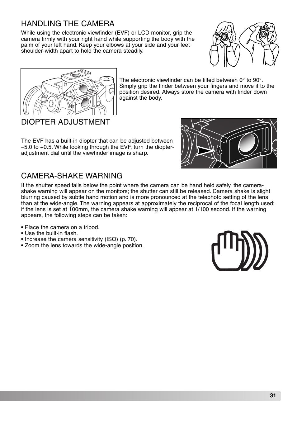 Handling the camera camera-shake warning, Diopter adjustment | Konica Minolta MM-A208 User Manual | Page 31 / 156