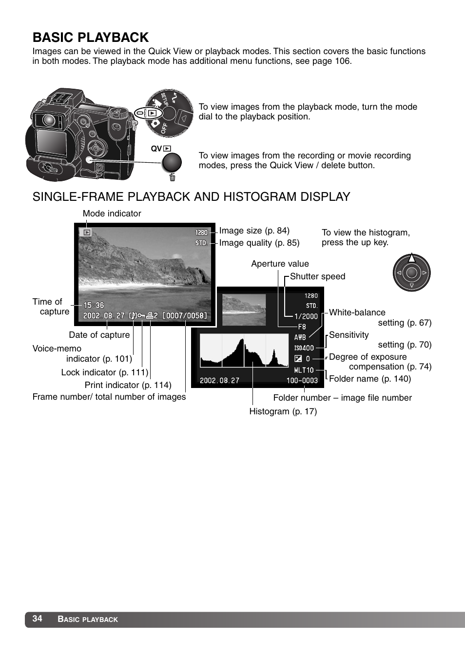 Basic playback, Single-frame playback and histogram display | Konica Minolta MM-A208 User Manual | Page 34 / 156