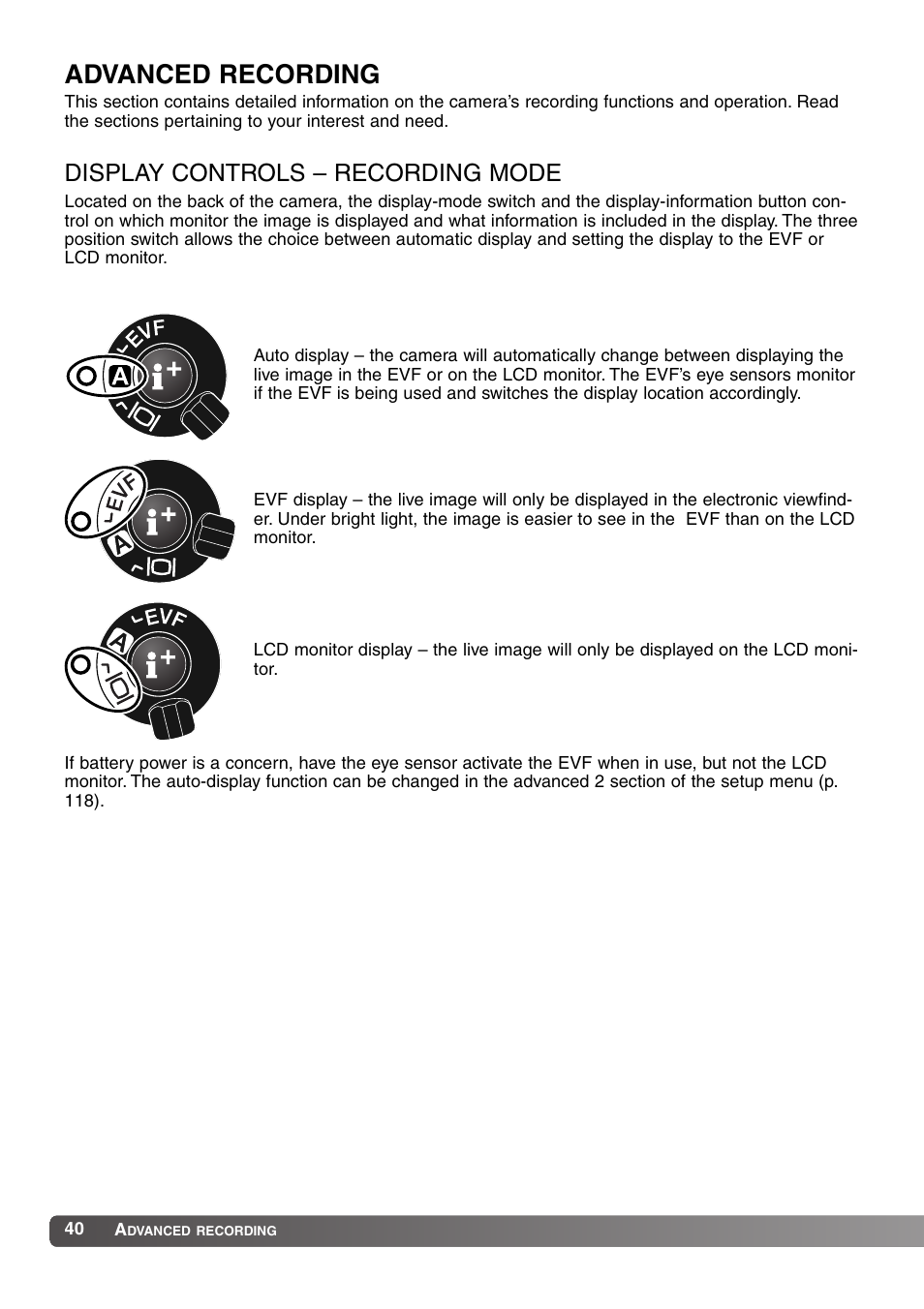 Advanced recording, Display controls – recording mode | Konica Minolta MM-A208 User Manual | Page 40 / 156