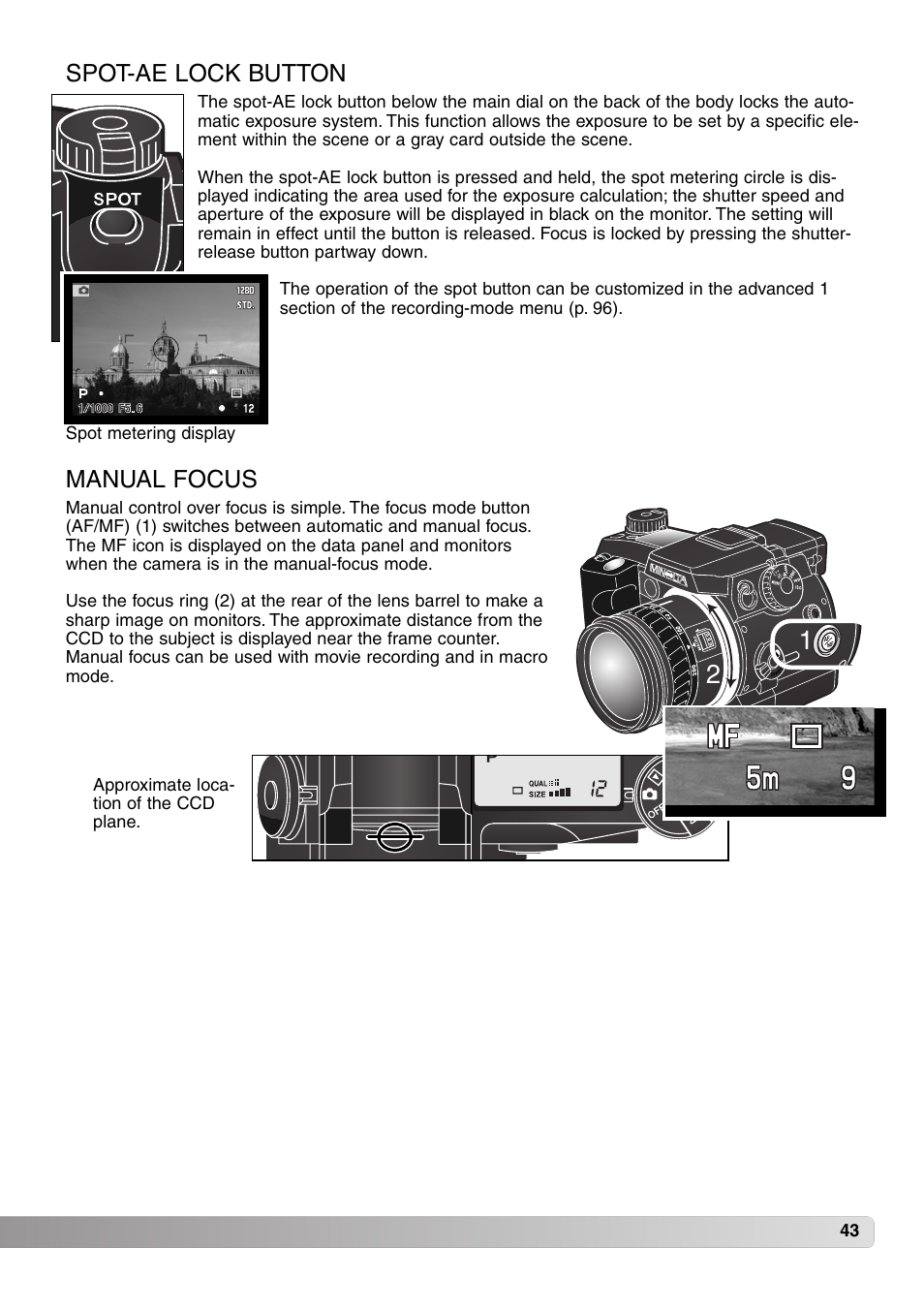 Spot-ae lock button manual focus, Spot-ae lock button, Manual focus | Konica Minolta MM-A208 User Manual | Page 43 / 156