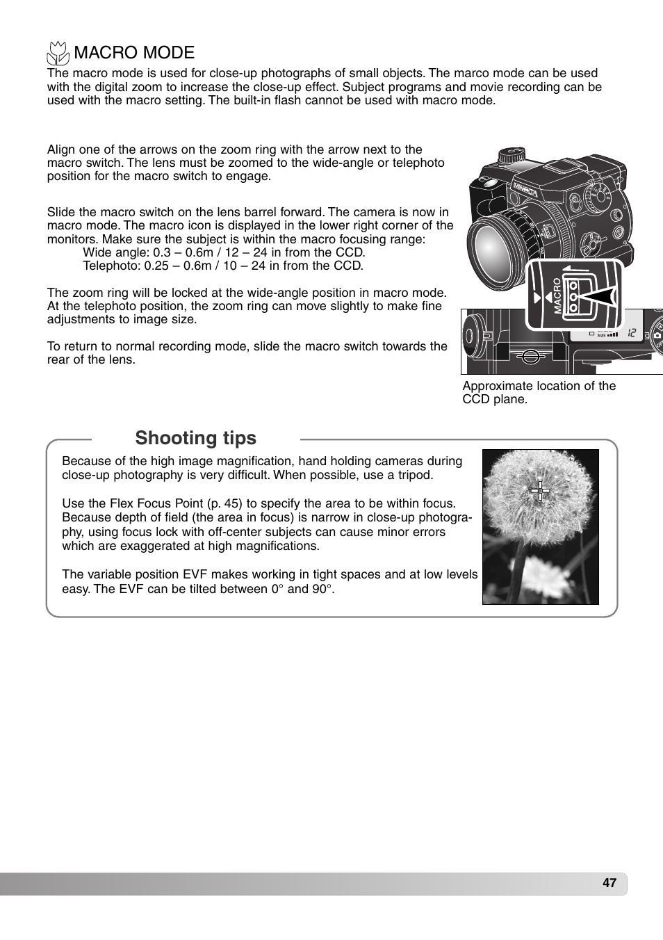 Macro mode, Shooting tips | Konica Minolta MM-A208 User Manual | Page 47 / 156