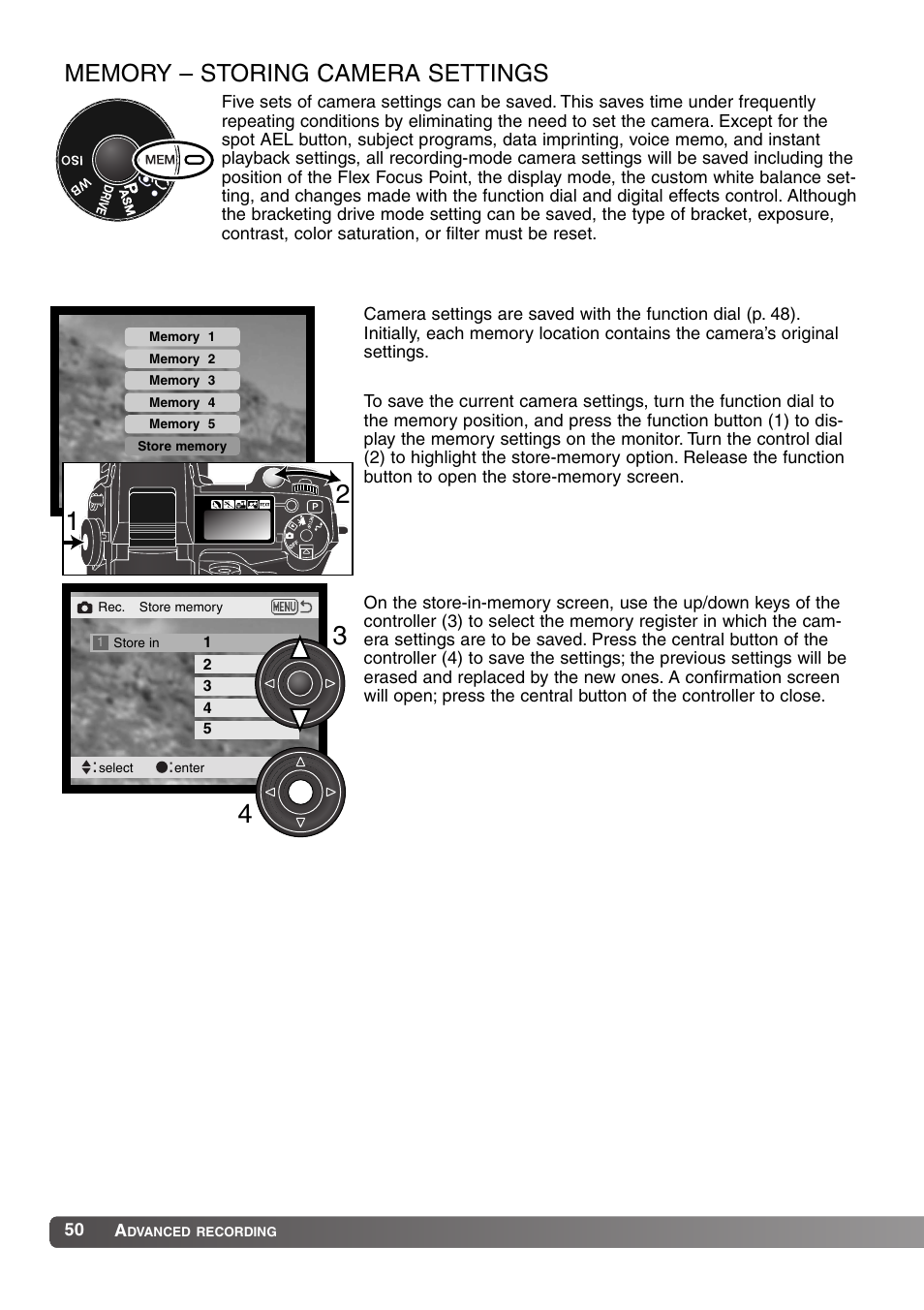 Memory – storing camera settings | Konica Minolta MM-A208 User Manual | Page 50 / 156