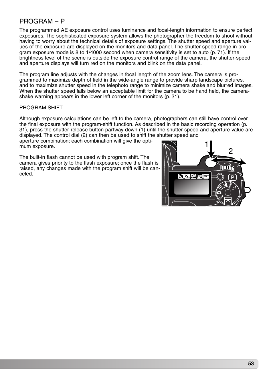 Program – p, Program shift | Konica Minolta MM-A208 User Manual | Page 53 / 156