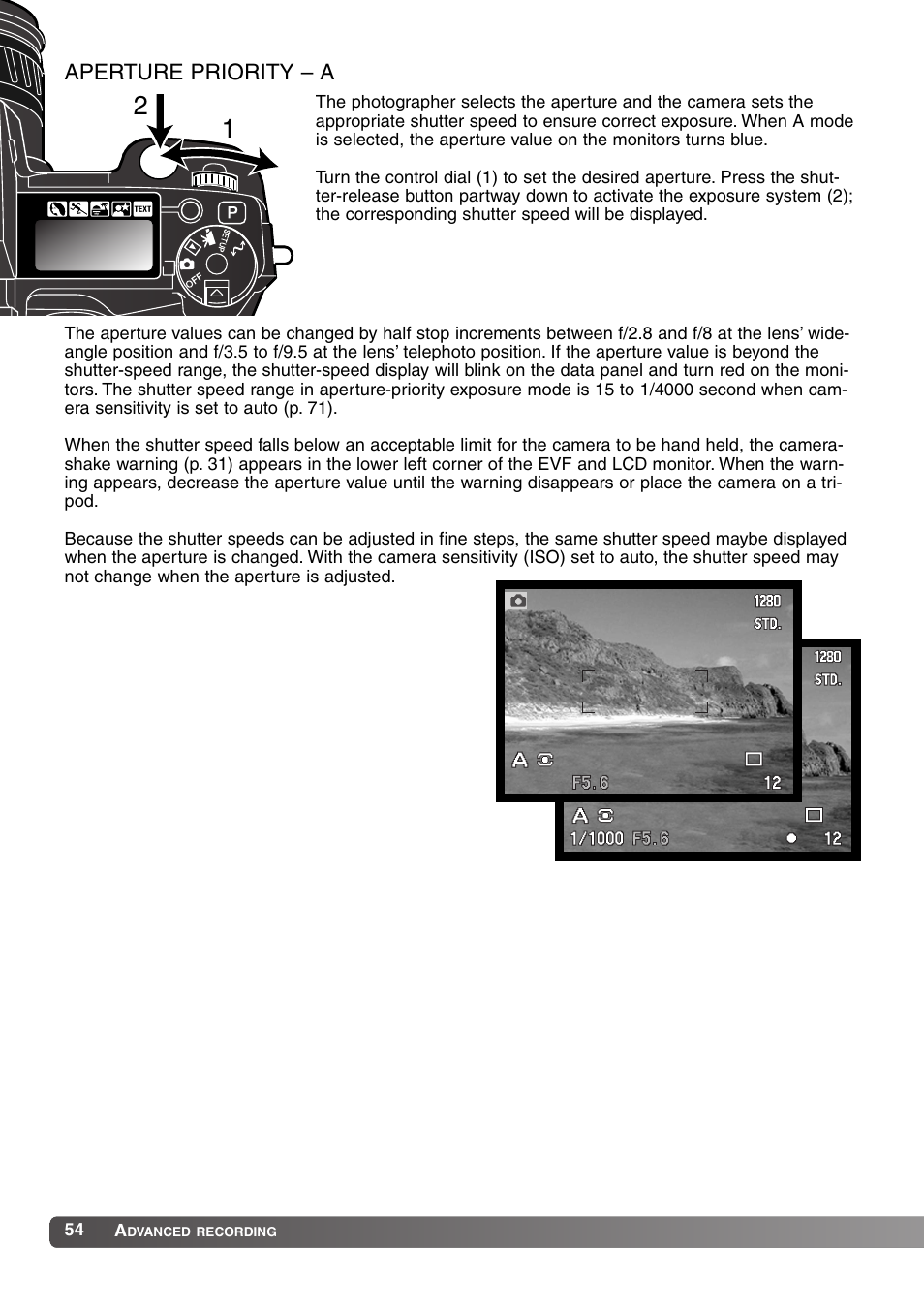 Aperture priority – a | Konica Minolta MM-A208 User Manual | Page 54 / 156