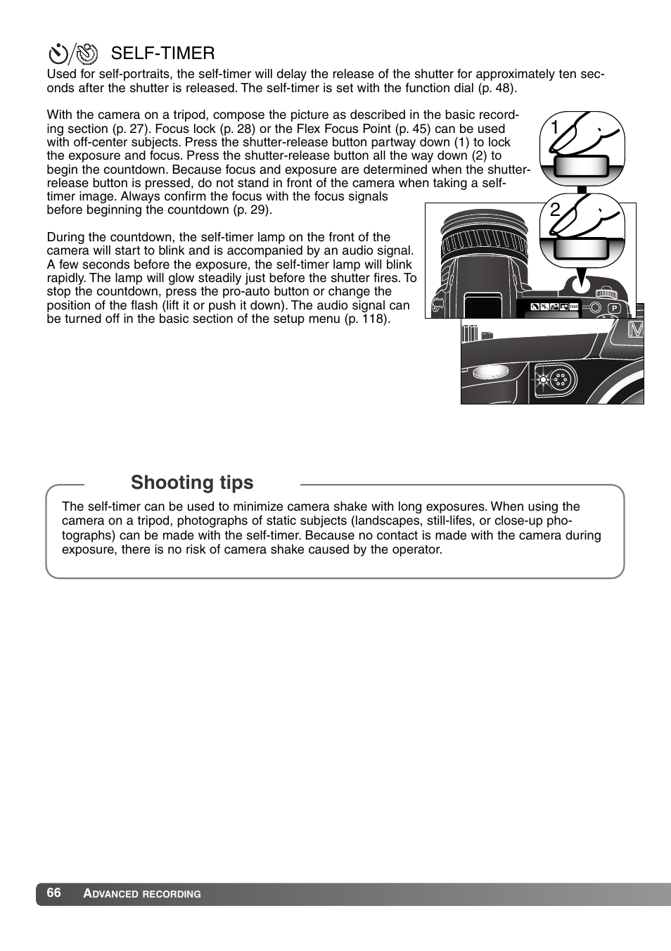 Self-timer, Shooting tips 1 2 | Konica Minolta MM-A208 User Manual | Page 66 / 156