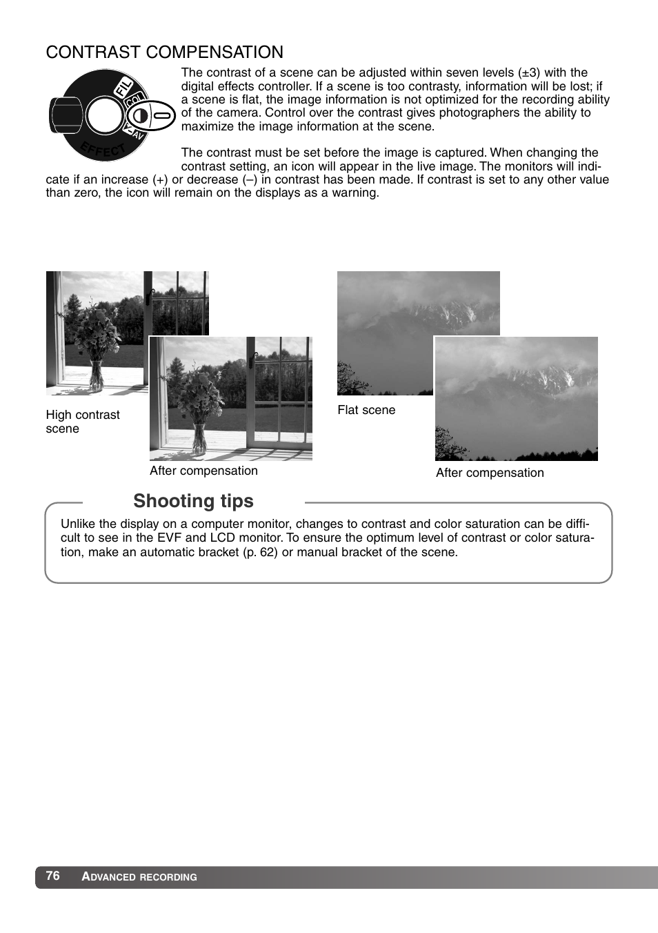 Contrast compensation, Shooting tips | Konica Minolta MM-A208 User Manual | Page 76 / 156
