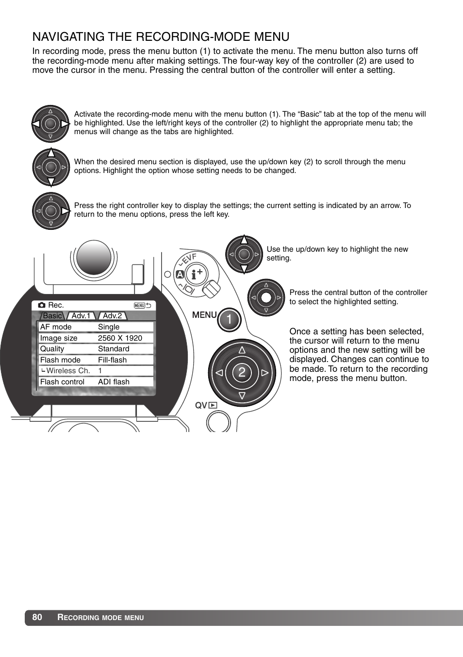 Recording mode menu, Navigating the recording-mode menu | Konica Minolta MM-A208 User Manual | Page 80 / 156