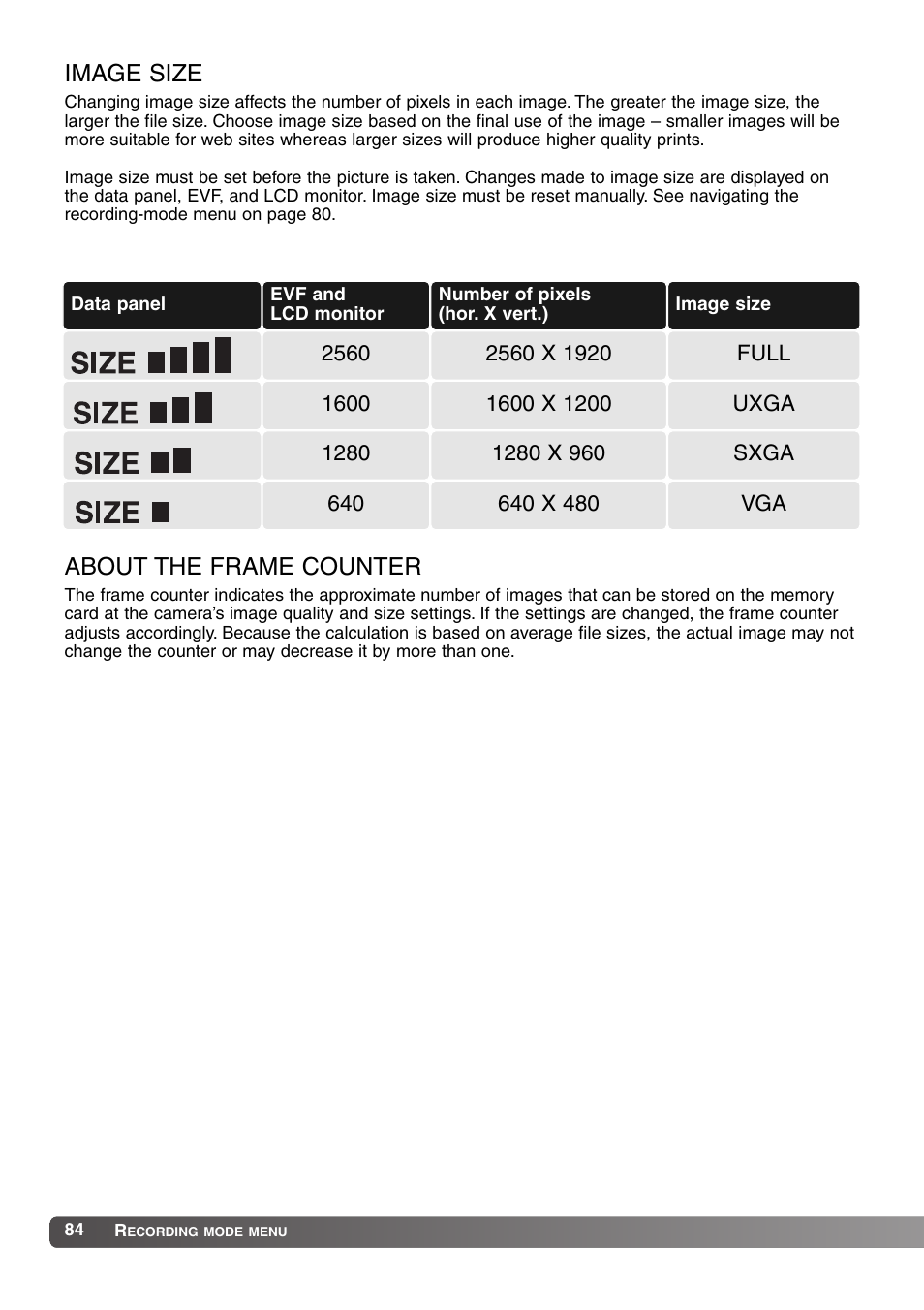 Image size about the frame counter, Image size, About the frame counter | Konica Minolta MM-A208 User Manual | Page 84 / 156