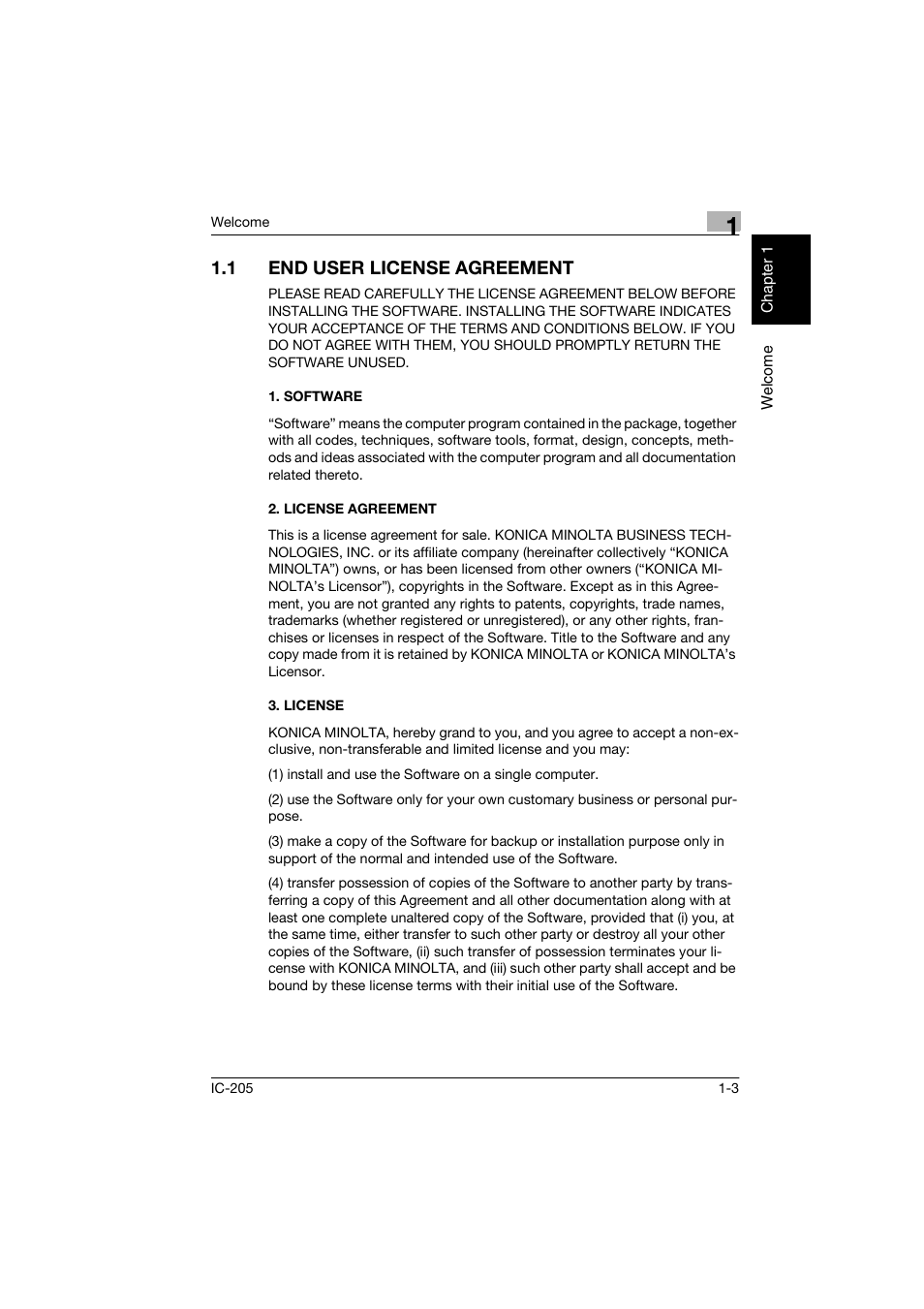 1 end user license agreement, Software, License agreement | License, End user license agreement -3, Software -3 2. license agreement -3 3. license -3 | Konica Minolta Image Controller IC-205 User Manual | Page 10 / 106