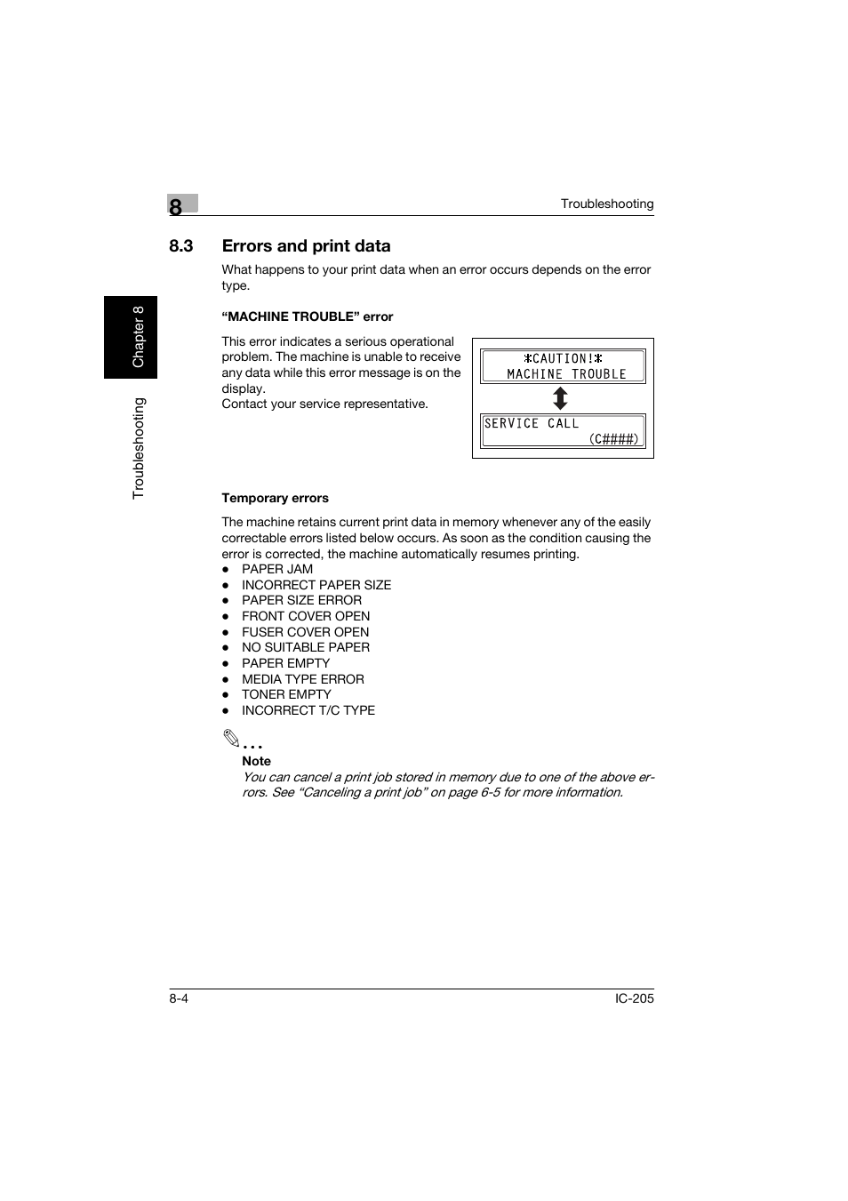 3 errors and print data, Machine trouble” error, Temporary errors | Errors and print data -4, Machine trouble” error -4 temporary errors -4 | Konica Minolta Image Controller IC-205 User Manual | Page 101 / 106