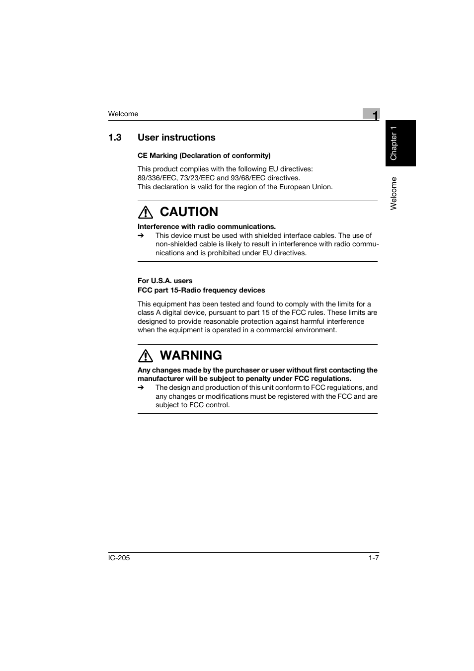 3 user instructions, Ce marking (declaration of conformity), User instructions -7 | 77 caution, 77 warning | Konica Minolta Image Controller IC-205 User Manual | Page 14 / 106