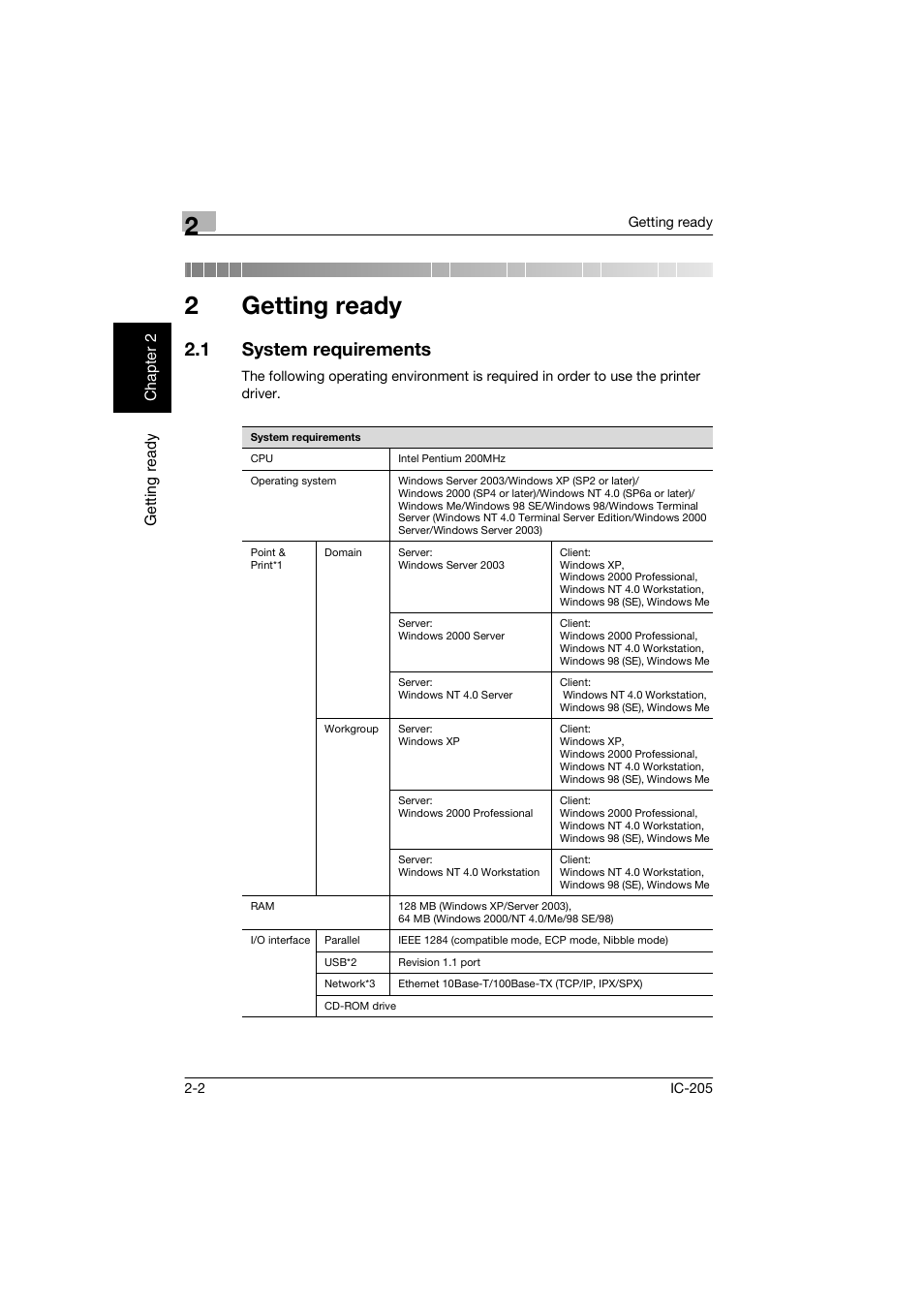 2 getting ready, 1 system requirements, Getting ready | System requirements -2, 2getting ready | Konica Minolta Image Controller IC-205 User Manual | Page 19 / 106