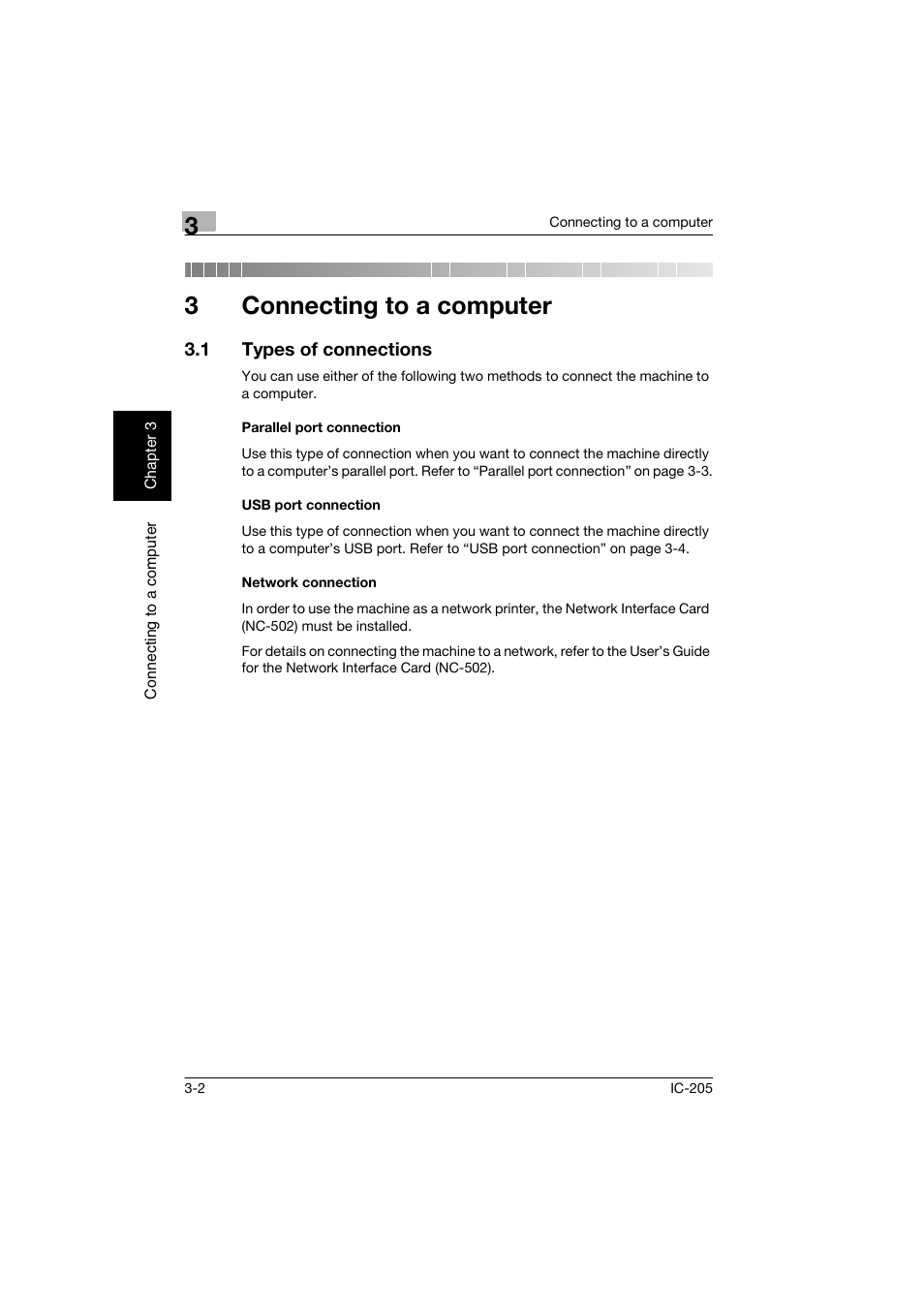 3 connecting to a computer, 1 types of connections, Parallel port connection | Usb port connection, Network connection, Connecting to a computer, Types of connections -2, 3connecting to a computer | Konica Minolta Image Controller IC-205 User Manual | Page 25 / 106