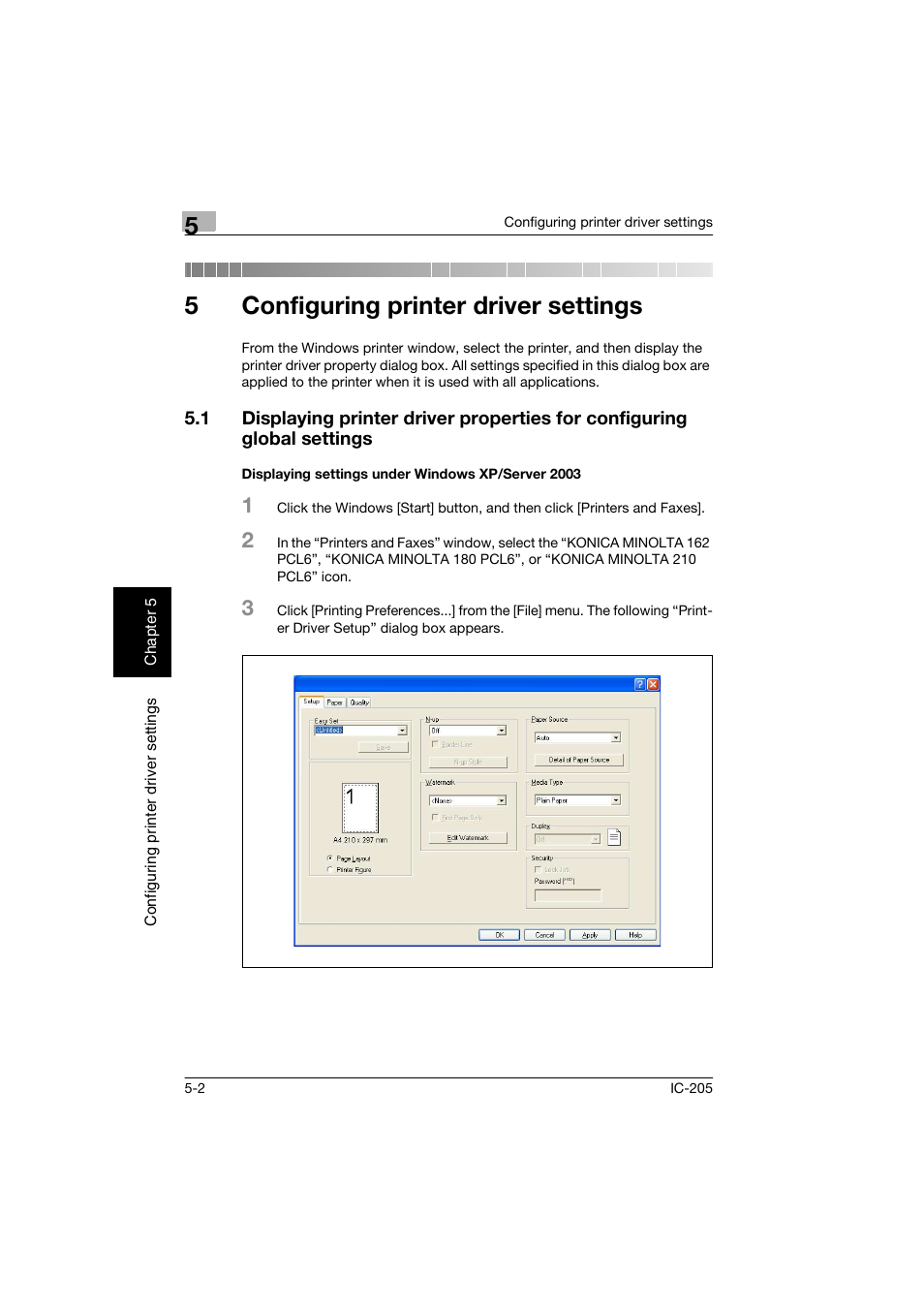 5 configuring printer driver settings, Displaying settings under windows xp/server 2003, Configuring printer driver settings | 5configuring printer driver settings | Konica Minolta Image Controller IC-205 User Manual | Page 43 / 106