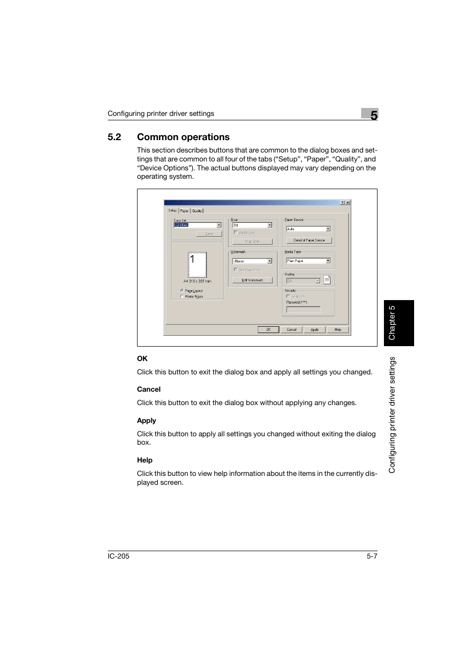 2 common operations, Cancel, Apply | Help, Common operations -7, Ok -7 cancel -7 apply -7 help -7 | Konica Minolta Image Controller IC-205 User Manual | Page 48 / 106