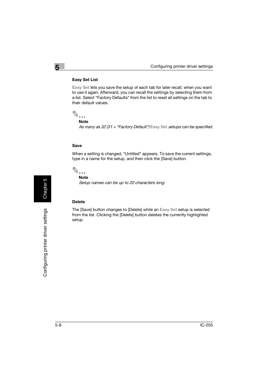 Easy set list, Save, Delete | Easy set list -8 save -8 delete -8 | Konica Minolta Image Controller IC-205 User Manual | Page 49 / 106