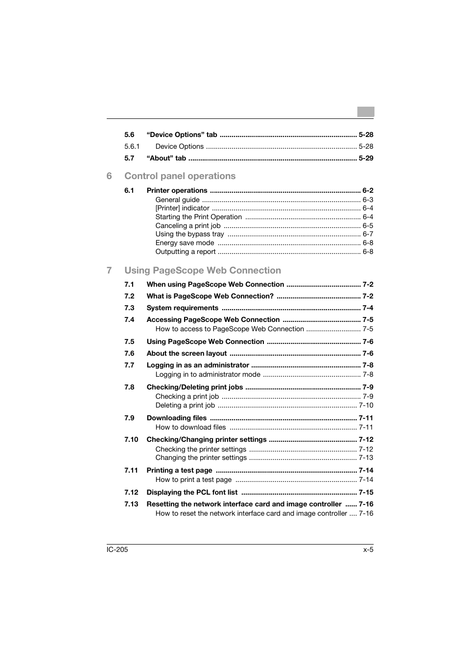6control panel operations, 7using pagescope web connection | Konica Minolta Image Controller IC-205 User Manual | Page 6 / 106