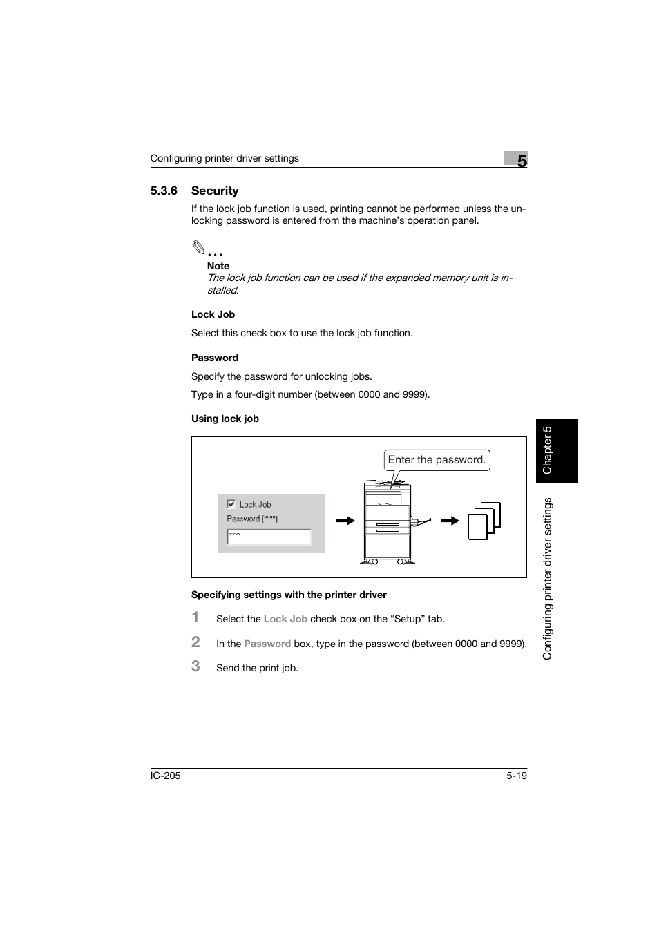 6 security, Lock job, Password | Using lock job, Specifying settings with the printer driver | Konica Minolta Image Controller IC-205 User Manual | Page 60 / 106