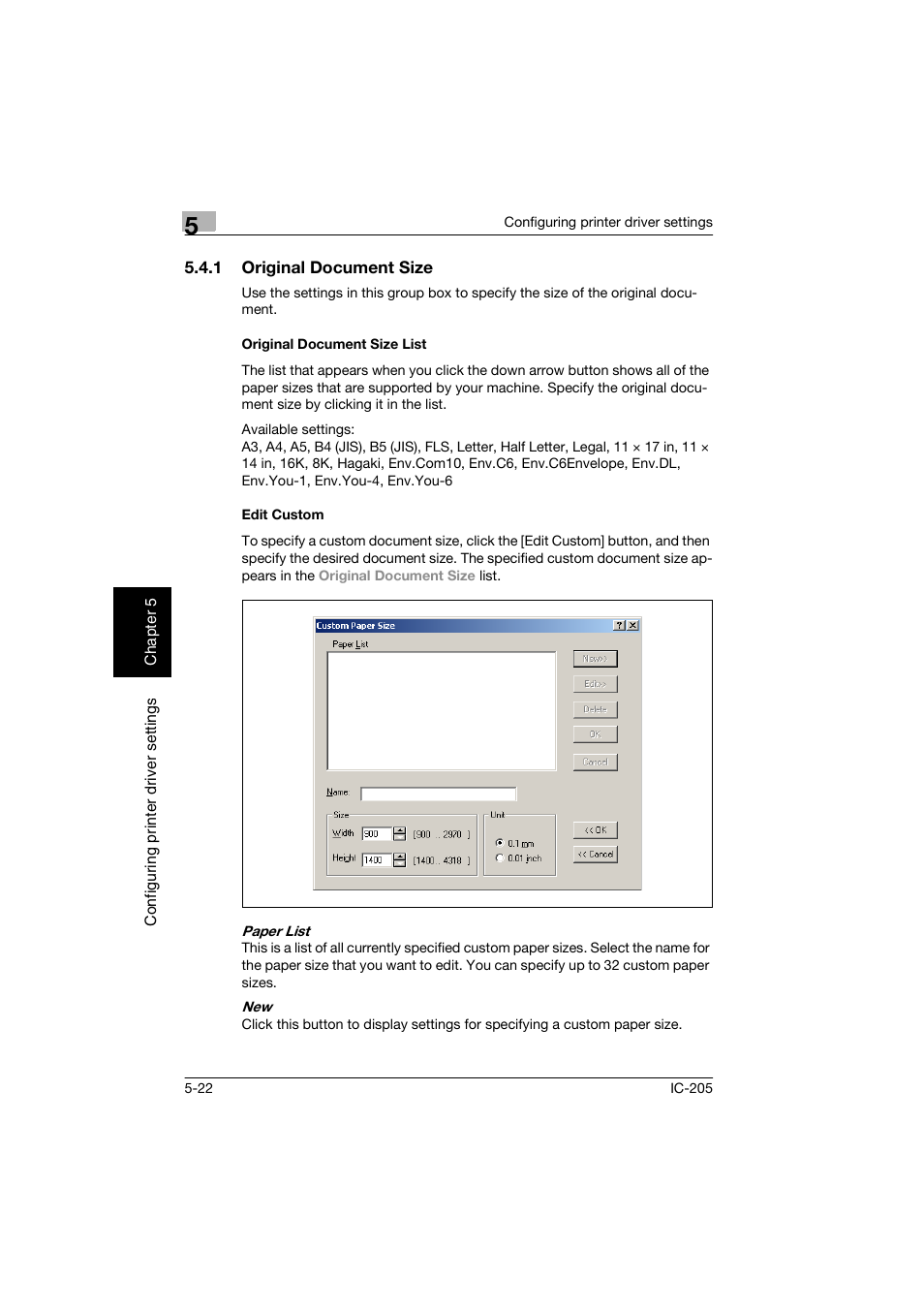 1 original document size, Original document size list, Edit custom | Konica Minolta Image Controller IC-205 User Manual | Page 63 / 106