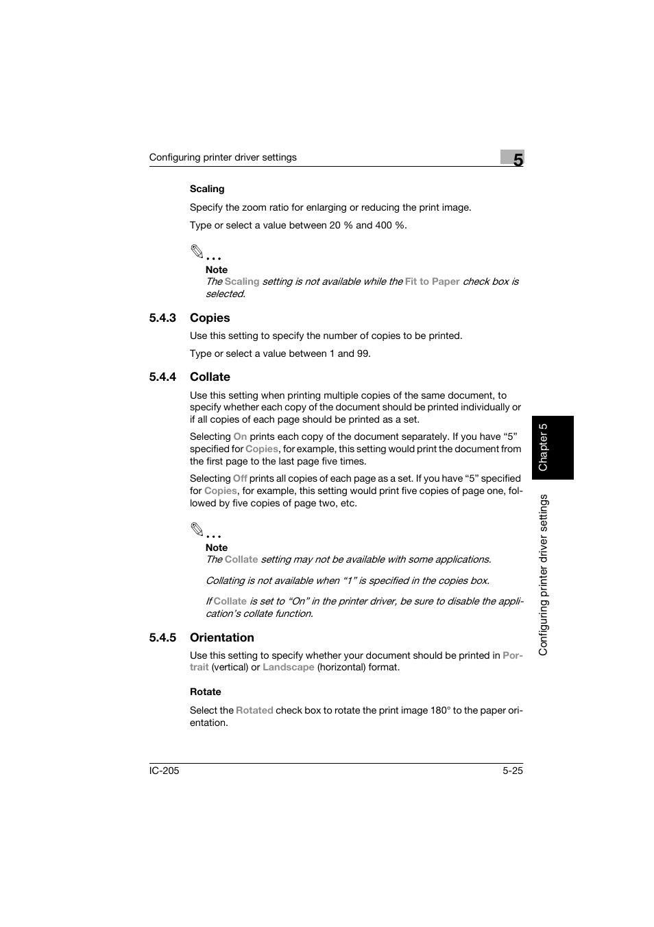 Scaling, 3 copies, 4 collate | 5 orientation, Rotate, Scaling -25, Copies -25, Collate -25, Orientation -25 rotate -25 | Konica Minolta Image Controller IC-205 User Manual | Page 66 / 106