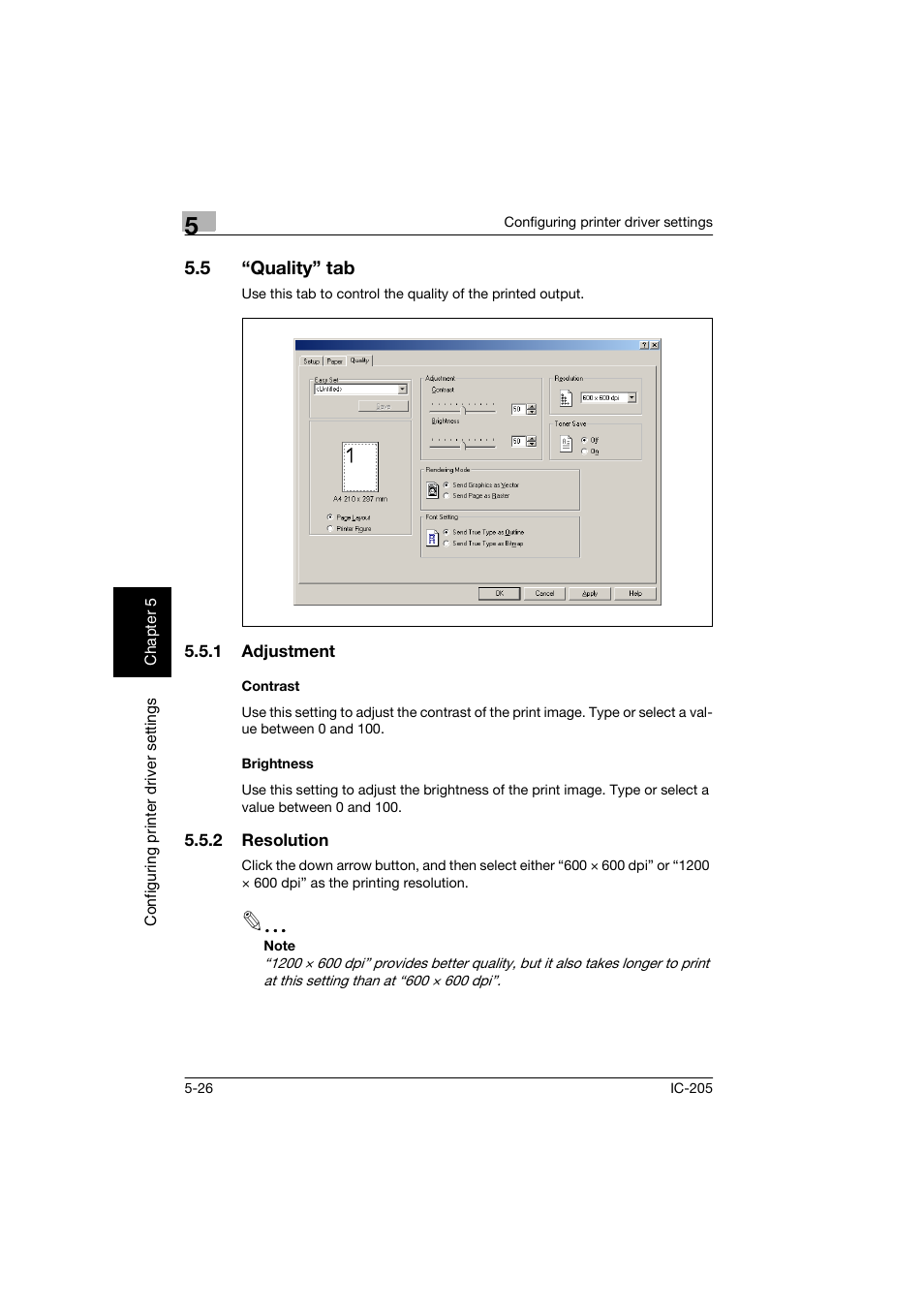 5 “quality” tab, 1 adjustment, Contrast | Brightness, 2 resolution, Quality” tab -26, Adjustment -26 contrast -26 brightness -26, Resolution -26 | Konica Minolta Image Controller IC-205 User Manual | Page 67 / 106