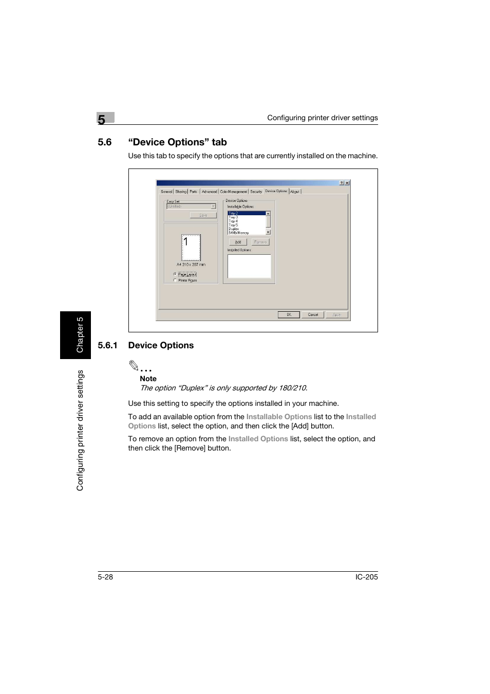 6 “device options” tab, 1 device options, Device options” tab -28 | Device options -28 | Konica Minolta Image Controller IC-205 User Manual | Page 69 / 106