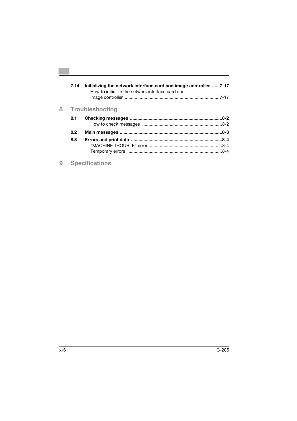 8troubleshooting, 9specifications | Konica Minolta Image Controller IC-205 User Manual | Page 7 / 106