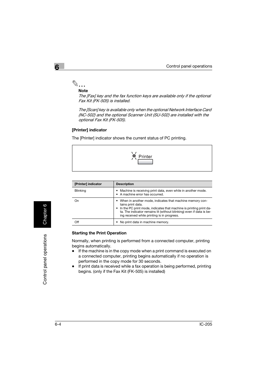 Printer] indicator, Starting the print operation | Konica Minolta Image Controller IC-205 User Manual | Page 75 / 106