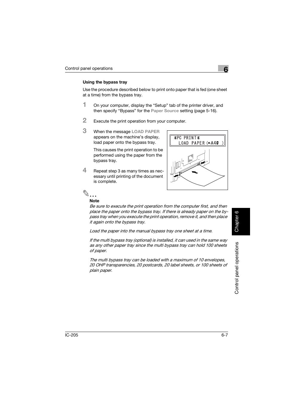 Using the bypass tray, Using the bypass tray -7 | Konica Minolta Image Controller IC-205 User Manual | Page 78 / 106