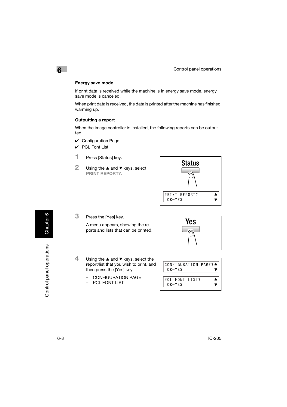 Energy save mode, Outputting a report, Energy save mode -8 outputting a report -8 | Konica Minolta Image Controller IC-205 User Manual | Page 79 / 106