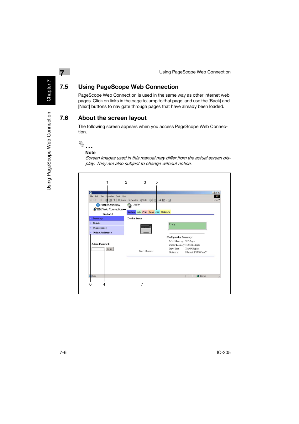 6 about the screen layout, About the screen layout -6, 5 using pagescope web connection | Konica Minolta Image Controller IC-205 User Manual | Page 85 / 106