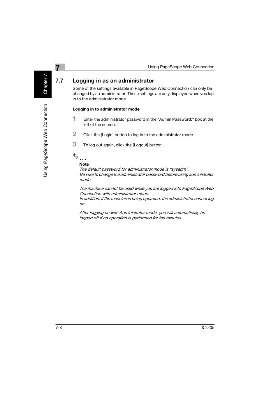 7 logging in as an administrator, Logging in to administrator mode, Logging in as an administrator -8 | Logging in to administrator mode -8 | Konica Minolta Image Controller IC-205 User Manual | Page 87 / 106