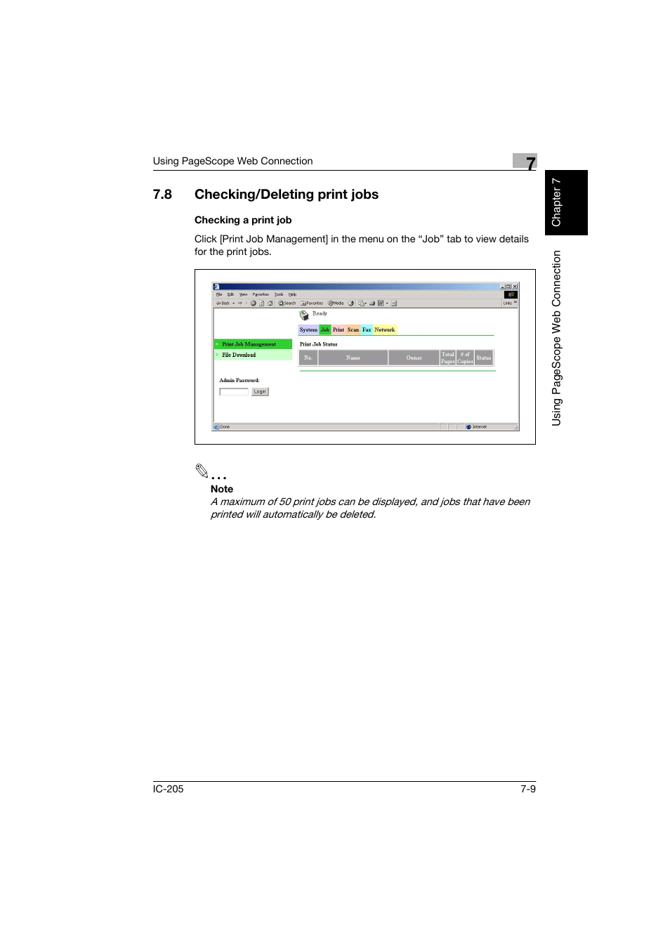 8 checking/deleting print jobs, Checking a print job, Checking/deleting print jobs -9 | Checking a print job -9 | Konica Minolta Image Controller IC-205 User Manual | Page 88 / 106