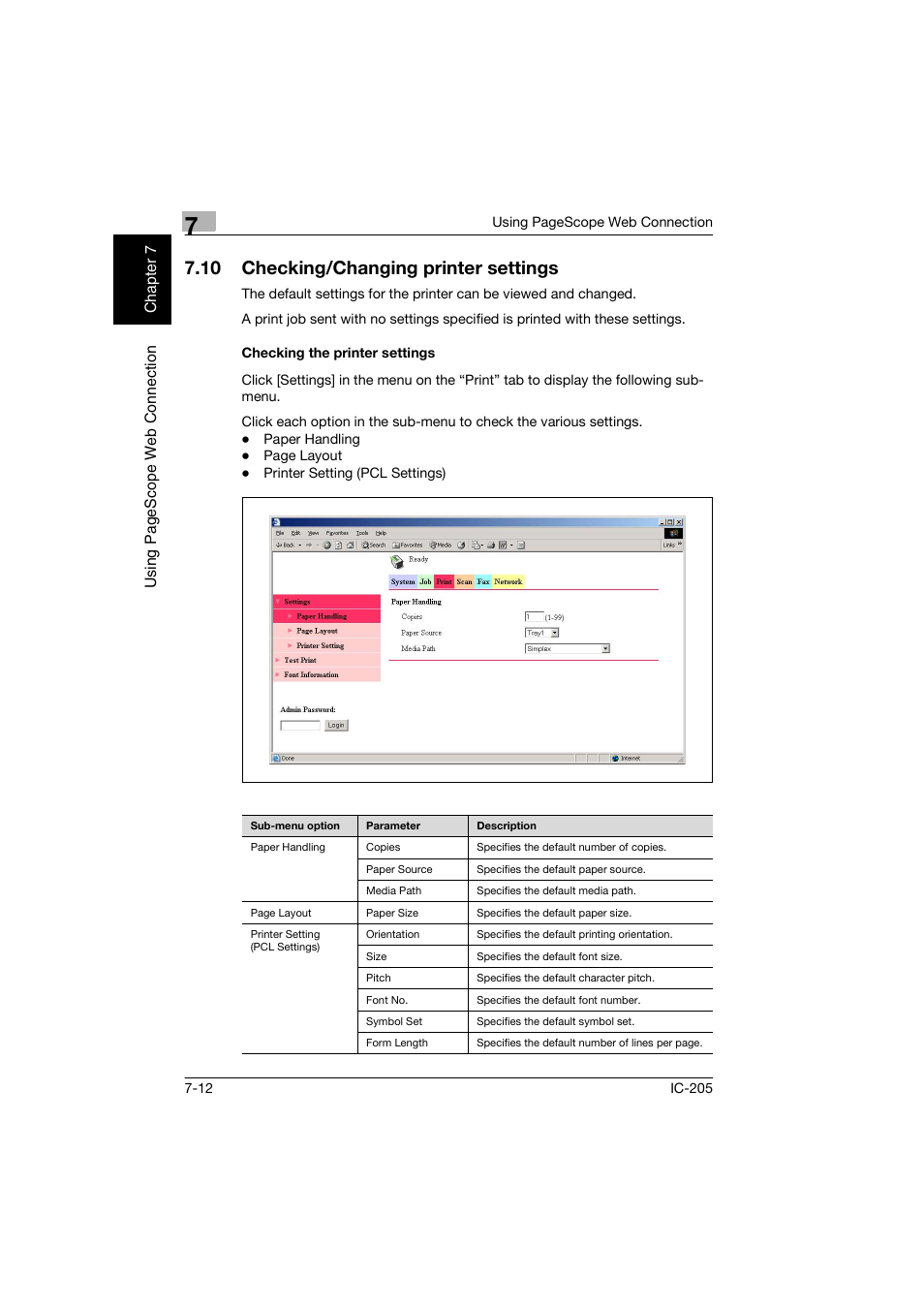 10 checking/changing printer settings, Checking the printer settings, Checking/changing printer settings -12 | Checking the printer settings -12 | Konica Minolta Image Controller IC-205 User Manual | Page 91 / 106