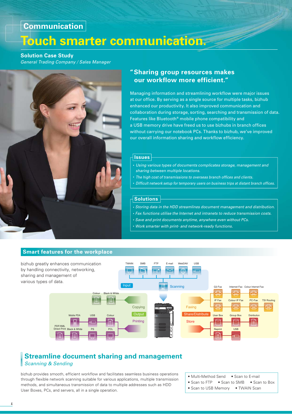 Touch smarter communication, Communication, Streamline document sharing and management | Solution case study, Smart features for the workplace, Scanning & sending, Solutions issues | Konica Minolta BIZHUB C220 User Manual | Page 4 / 12