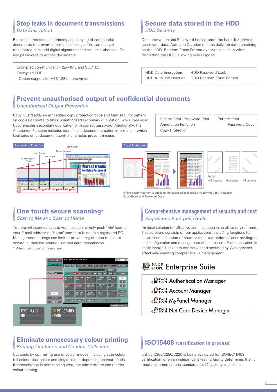 Eliminate unnecessary colour printing, One touch secure scanning, Comprehensive management of security and cost | Stop leaks in document transmissions, Secure data stored in the hdd | Konica Minolta BIZHUB C220 User Manual | Page 7 / 12