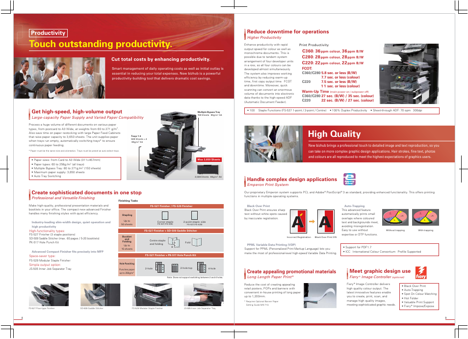 Touch outstanding productivity, High quality, Productivity | Create sophisticated documents in one stop, Reduce downtime for operations, Meet graphic design use, Get high-speed, high-volume output, Handle complex design applications, Create appealing promotional materials, Cut total costs by enhancing productivity | Konica Minolta BIZHUB C220 User Manual | Page 9 / 12