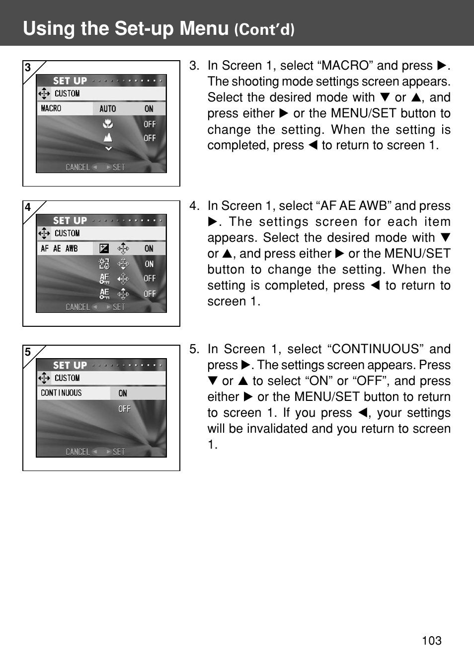 Using the set-up menu, Cont’d) | Konica Minolta REVIO KD-410Z User Manual | Page 103 / 125
