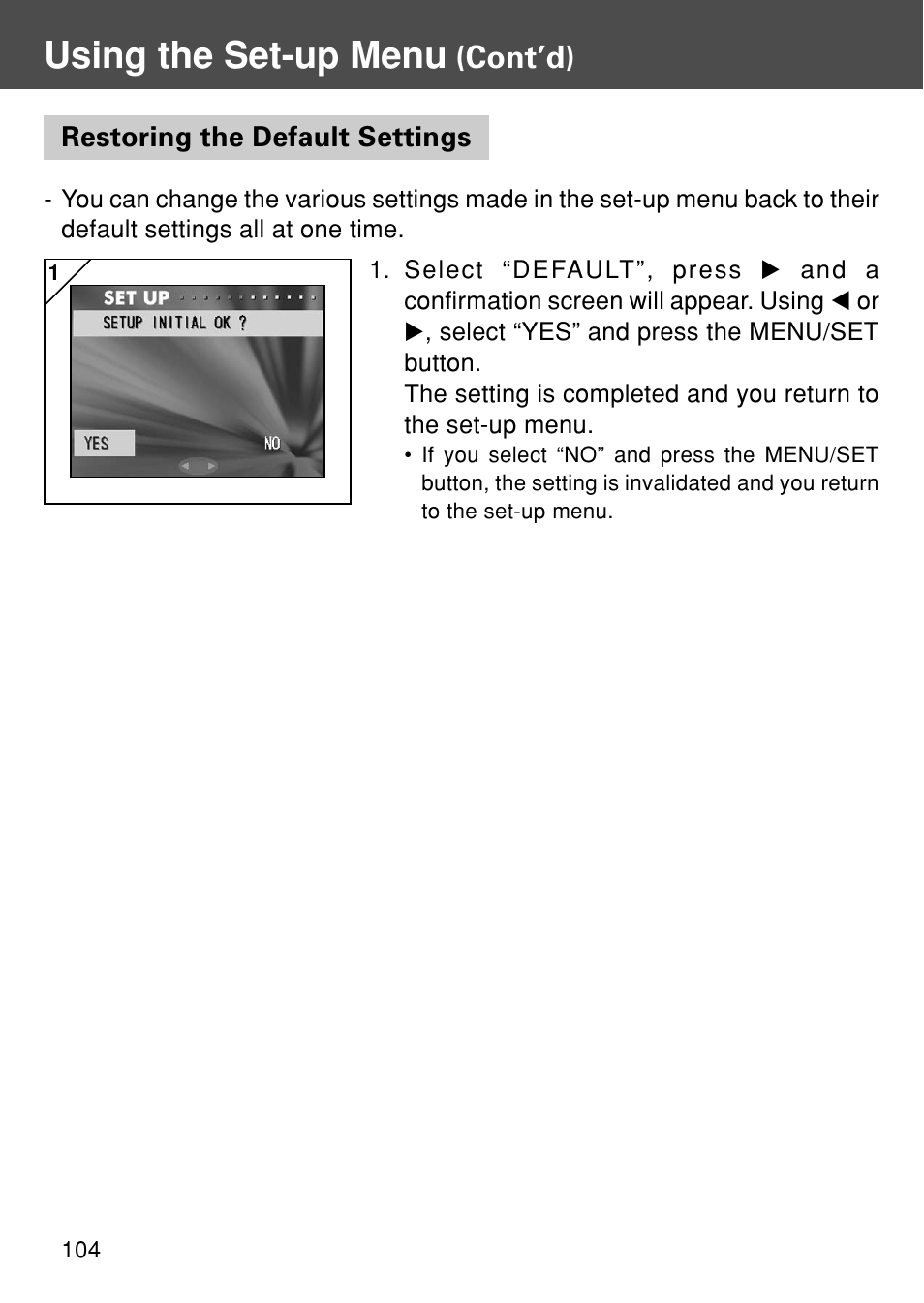 Restoring the default settings, Using the set-up menu, Cont’d) | Konica Minolta REVIO KD-410Z User Manual | Page 104 / 125